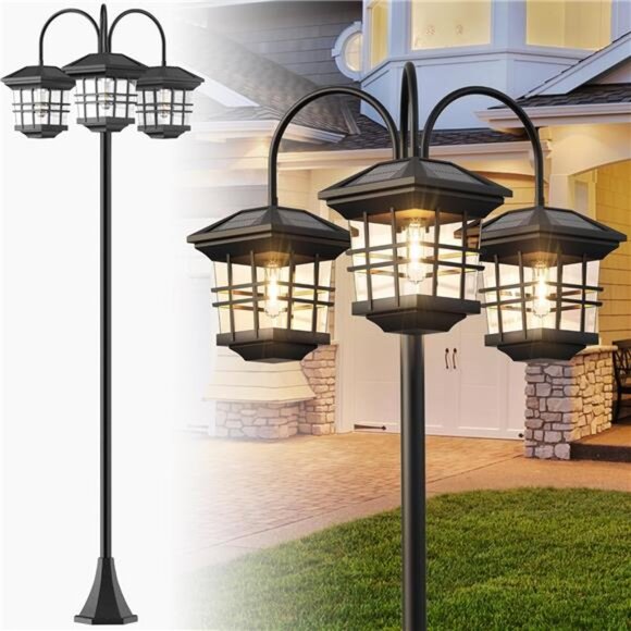 76" Classic Black Solar Lamp Post Lights - 3-Head Waterproof Outdoor Street - Picture 1 of 14